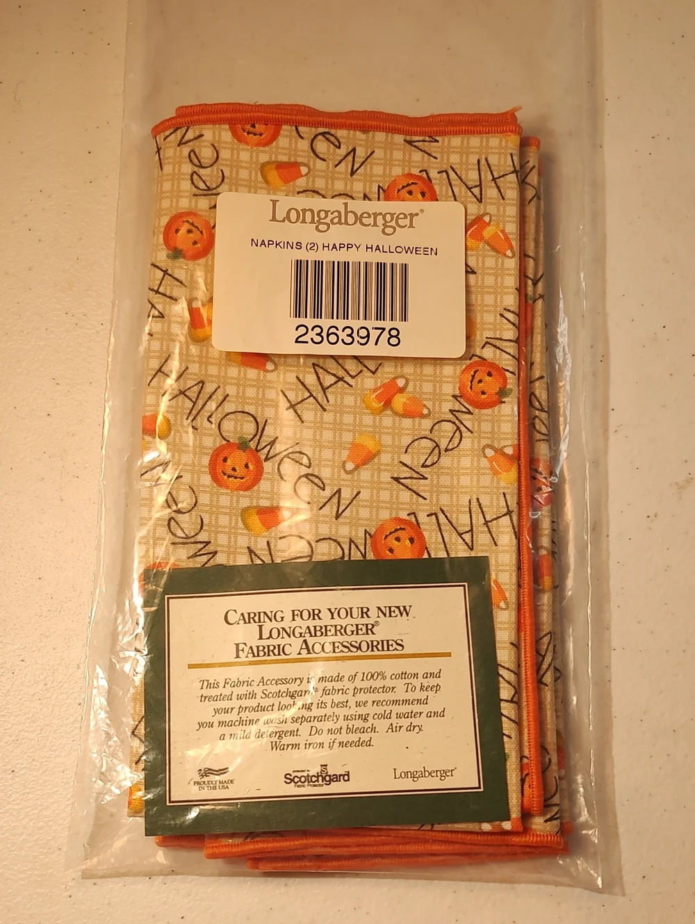 Longaberger Set Of 2 Happy Halloween Fabric Napkins With Orange Trim New In Pack